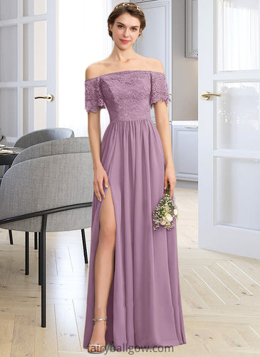 Kaitlynn A-Line Off-the-Shoulder Floor-Length Chiffon Lace Bridesmaid Dress With Split Front XXCP0013066