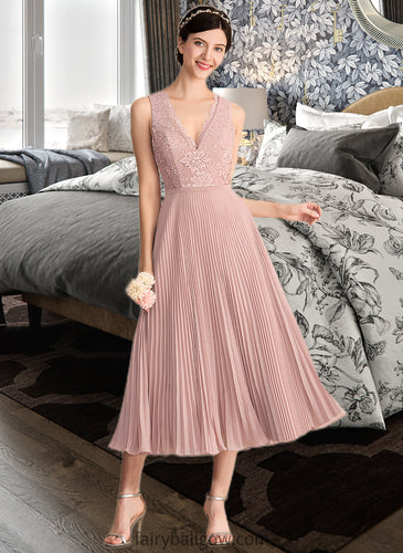 Miah A-Line V-neck Tea-Length Chiffon Lace Bridesmaid Dress With Pleated XXCP0013067