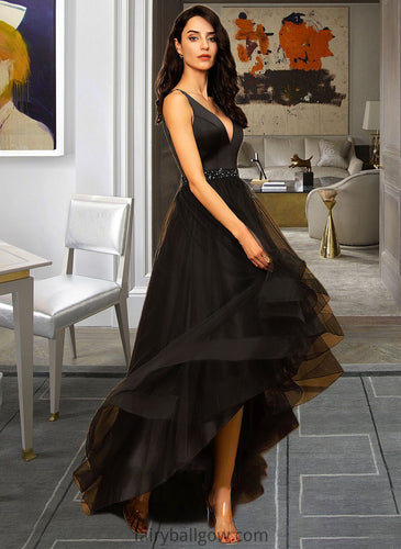 Gladys Ball-Gown/Princess V-neck Asymmetrical Tulle Bridesmaid Dress With Beading XXCP0013077