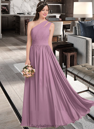 Gertie A-line One Shoulder Floor-Length Chiffon Bridesmaid Dress With Ruffle XXCP0013080