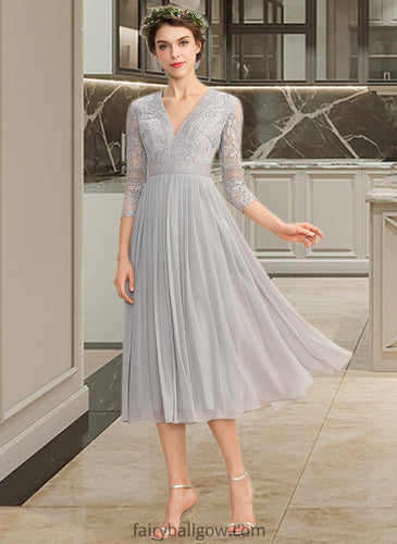 Taliyah A-Line V-neck Tea-Length Chiffon Lace Bridesmaid Dress With Pleated XXCP0013088