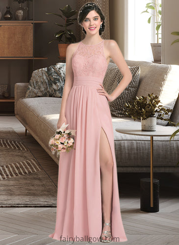 Miriam A-Line Scoop Neck Floor-Length Chiffon Lace Bridesmaid Dress With Ruffle Split Front XXCP0013089