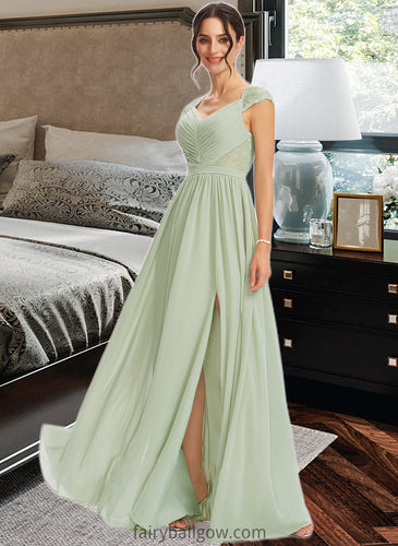 Zoey A-Line V-neck Floor-Length Bridesmaid Dress With Lace Split Front XXCP0013096