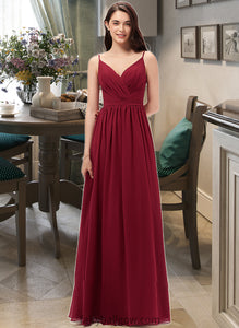 Jaslene A-Line V-neck Floor-Length Chiffon Bridesmaid Dress With Ruffle Lace XXCP0013098