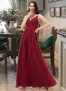 Jaslene A-Line V-neck Floor-Length Chiffon Bridesmaid Dress With Ruffle Lace XXCP0013098