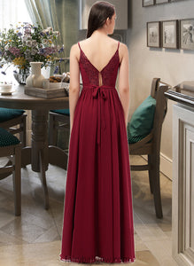 Jaslene A-Line V-neck Floor-Length Chiffon Bridesmaid Dress With Ruffle Lace XXCP0013098