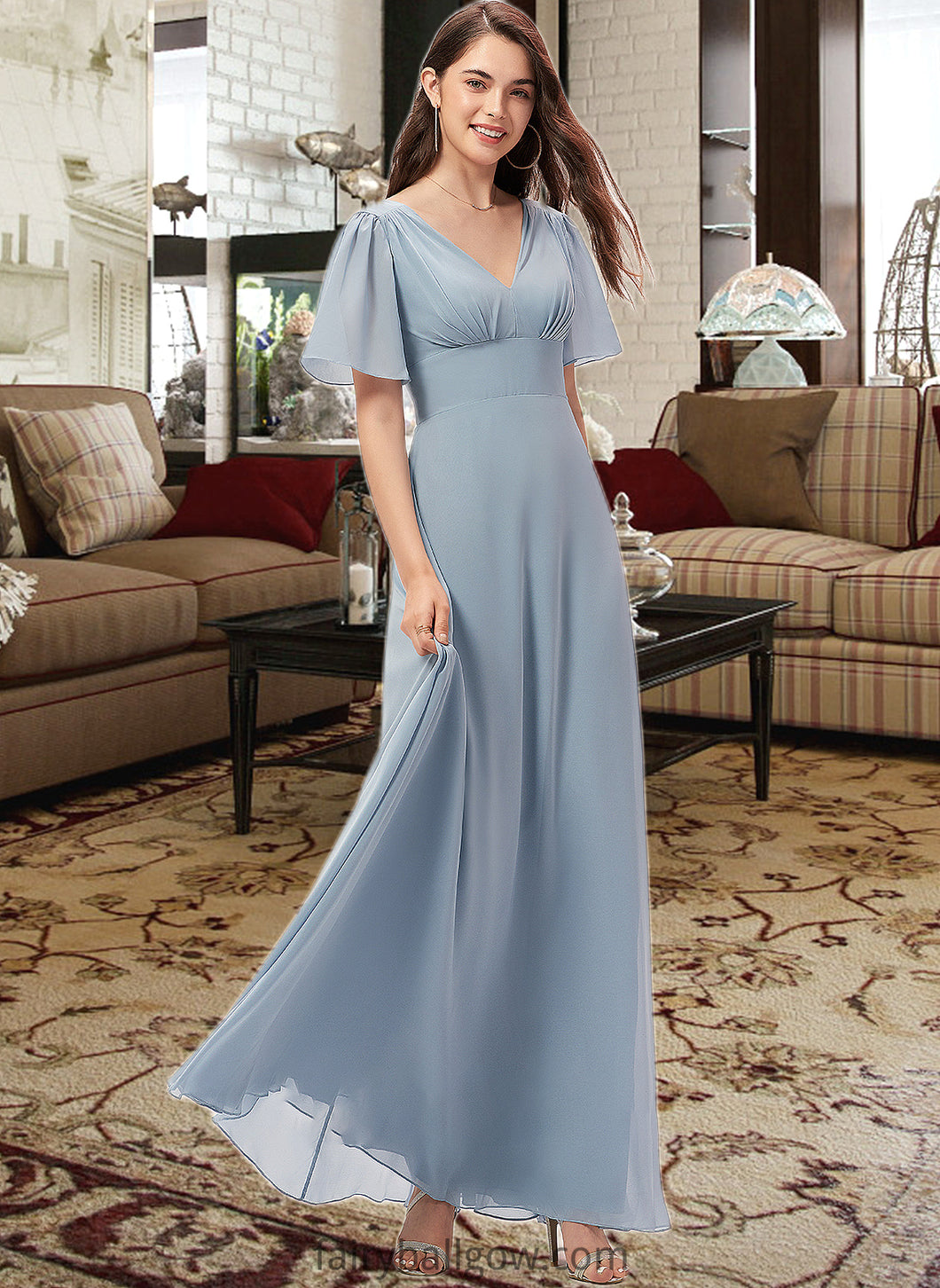 Helen A-Line V-neck Floor-Length Chiffon Bridesmaid Dress XXCP0013099