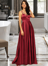 Load image into Gallery viewer, Sydney A-Line V-neck Floor-Length Satin Bridesmaid Dress With Split Front Pockets XXCP0013100