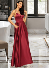 Load image into Gallery viewer, Sydney A-Line V-neck Floor-Length Satin Bridesmaid Dress With Split Front Pockets XXCP0013100