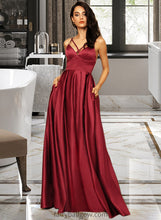 Load image into Gallery viewer, Sydney A-Line V-neck Floor-Length Satin Bridesmaid Dress With Split Front Pockets XXCP0013100