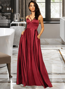 Sydney A-Line V-neck Floor-Length Satin Bridesmaid Dress With Split Front Pockets XXCP0013100