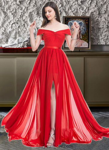 Saige A-Line Off-the-Shoulder Sweep Train Chiffon Bridesmaid Dress With Ruffle Split Front XXCP0013102