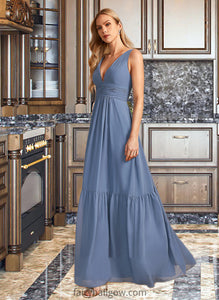 Everleigh A-Line V-neck Floor-Length Bridesmaid Dress With Pockets XXCP0013108