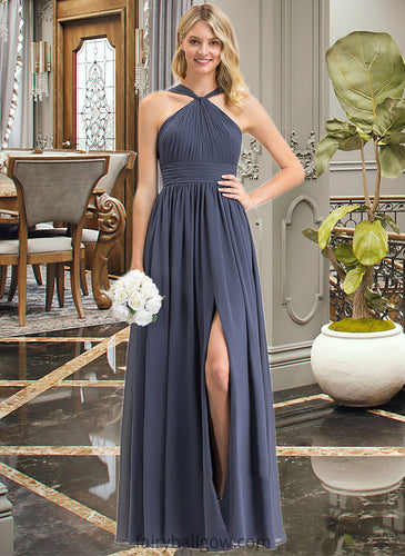 Kathy A-Line V-neck Floor-Length Chiffon Bridesmaid Dress With Ruffle Split Front XXCP0013112