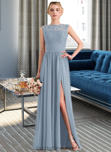 Valerie A-Line Scoop Neck Floor-Length Chiffon Lace Bridesmaid Dress With Split Front XXCP0013114