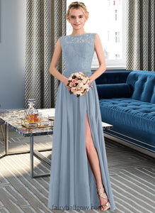 Valerie A-Line Scoop Neck Floor-Length Chiffon Lace Bridesmaid Dress With Split Front XXCP0013114