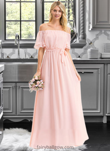 Mia A-Line Off-the-Shoulder Floor-Length Chiffon Bridesmaid Dress With Bow(s) Cascading Ruffles XXCP0013121