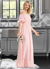 Load image into Gallery viewer, Mia A-Line Off-the-Shoulder Floor-Length Chiffon Bridesmaid Dress With Bow(s) Cascading Ruffles XXCP0013121