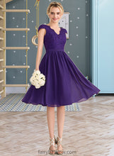 Load image into Gallery viewer, Brylee A-Line V-neck Knee-Length Chiffon Lace Bridesmaid Dress XXCP0013122