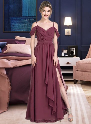 Stephany A-Line V-neck Floor-Length Chiffon Bridesmaid Dress With Bow(s) Split Front Cascading Ruffles XXCP0013123