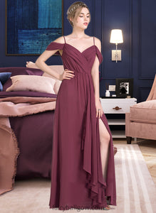 Stephany A-Line V-neck Floor-Length Chiffon Bridesmaid Dress With Bow(s) Split Front Cascading Ruffles XXCP0013123