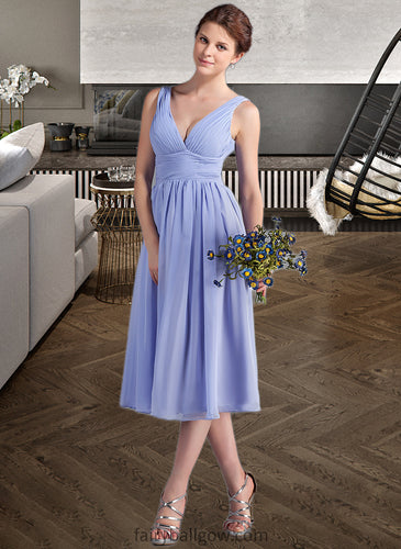 Lizeth A-Line V-neck Tea-Length Chiffon Bridesmaid Dress With Ruffle XXCP0013125