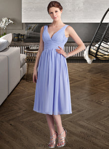 Lizeth A-Line V-neck Tea-Length Chiffon Bridesmaid Dress With Ruffle XXCP0013125