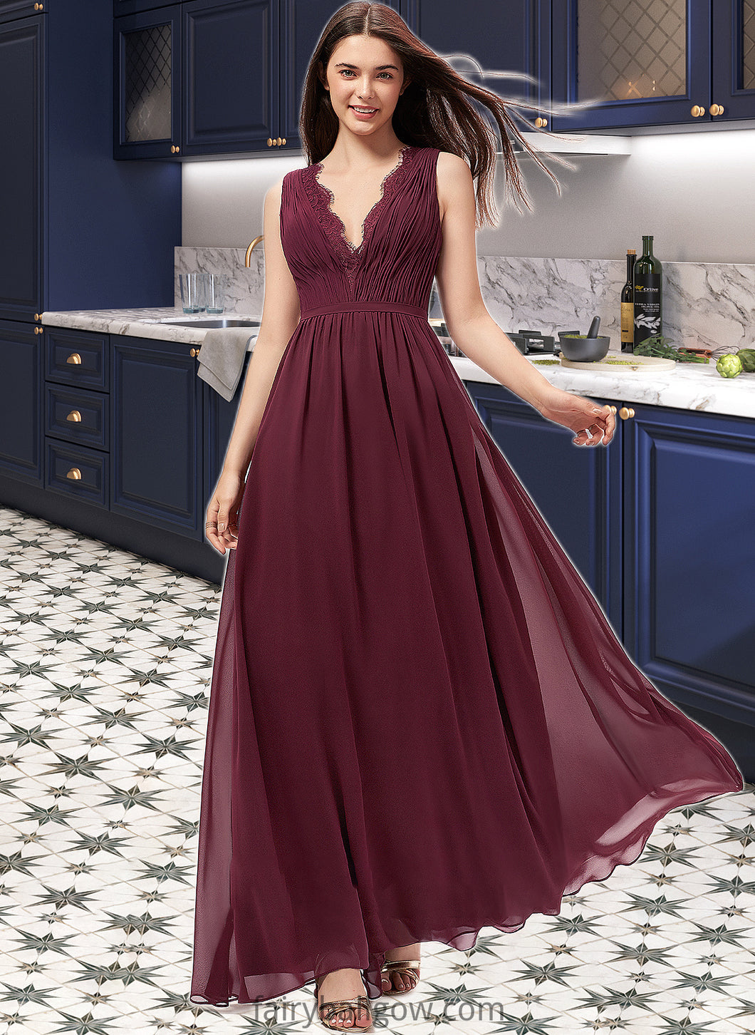 Adalyn A-Line V-neck Floor-Length Chiffon Bridesmaid Dress With Ruffle Lace XXCP0013129