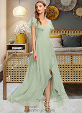 Load image into Gallery viewer, Josephine A-Line V-neck Asymmetrical Chiffon Bridesmaid Dress With Cascading Ruffles XXCP0013130