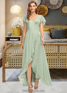 Josephine A-Line V-neck Asymmetrical Chiffon Bridesmaid Dress With Cascading Ruffles XXCP0013130