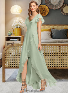 Josephine A-Line V-neck Asymmetrical Chiffon Bridesmaid Dress With Cascading Ruffles XXCP0013130