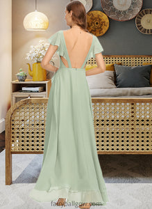 Josephine A-Line V-neck Asymmetrical Chiffon Bridesmaid Dress With Cascading Ruffles XXCP0013130