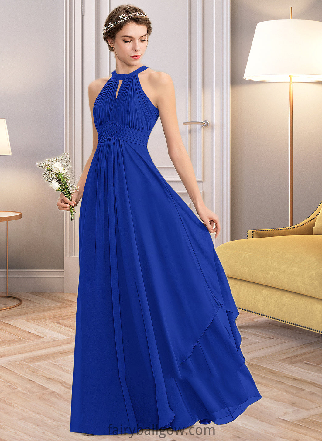 Miracle A-Line Scoop Neck Floor-Length Chiffon Bridesmaid Dress With Ruffle XXCP0013133