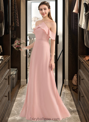 Madalyn A-Line V-neck Floor-Length Chiffon Bridesmaid Dress With Bow(s) Cascading Ruffles XXCP0013134