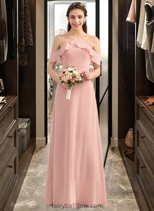 Madalyn A-Line V-neck Floor-Length Chiffon Bridesmaid Dress With Bow(s) Cascading Ruffles XXCP0013134