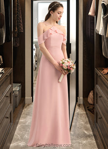 Madalyn A-Line V-neck Floor-Length Chiffon Bridesmaid Dress With Bow(s) Cascading Ruffles XXCP0013134