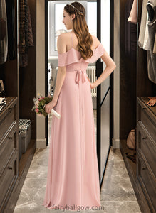 Madalyn A-Line V-neck Floor-Length Chiffon Bridesmaid Dress With Bow(s) Cascading Ruffles XXCP0013134