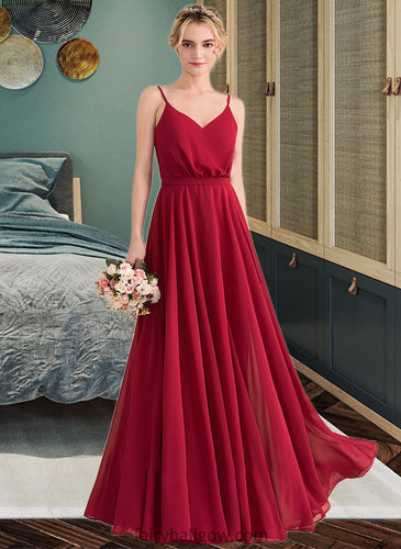 Maleah A-Line V-neck Floor-Length Chiffon Bridesmaid Dress With Bow(s) XXCP0013135