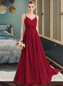 Maleah A-Line V-neck Floor-Length Chiffon Bridesmaid Dress With Bow(s) XXCP0013135