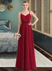 Maleah A-Line V-neck Floor-Length Chiffon Bridesmaid Dress With Bow(s) XXCP0013135