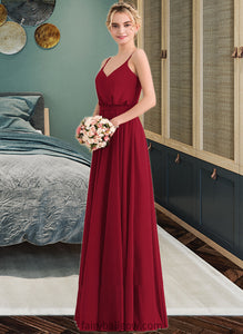 Maleah A-Line V-neck Floor-Length Chiffon Bridesmaid Dress With Bow(s) XXCP0013135