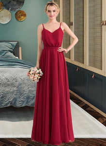 Maleah A-Line V-neck Floor-Length Chiffon Bridesmaid Dress With Bow(s) XXCP0013135