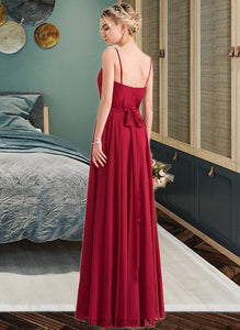 Maleah A-Line V-neck Floor-Length Chiffon Bridesmaid Dress With Bow(s) XXCP0013135