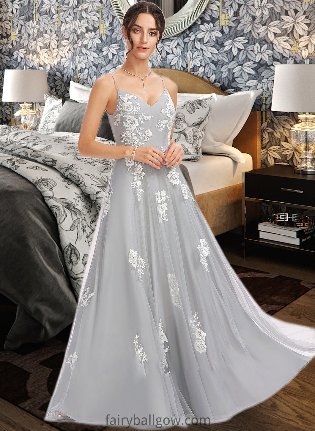 Stacy A-Line V-neck Floor-Length Bridesmaid Dress With Lace XXCP0013140