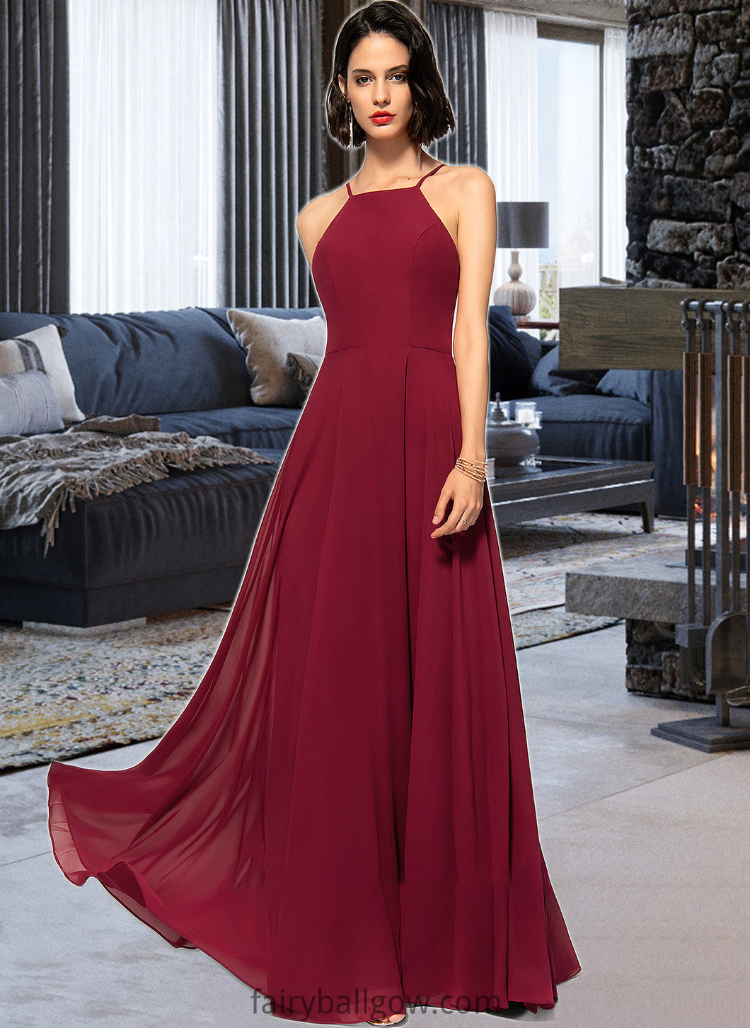 Allisson A-Line Scoop Neck Square Neckline Floor-Length Chiffon Bridesmaid Dress XXCP0013146