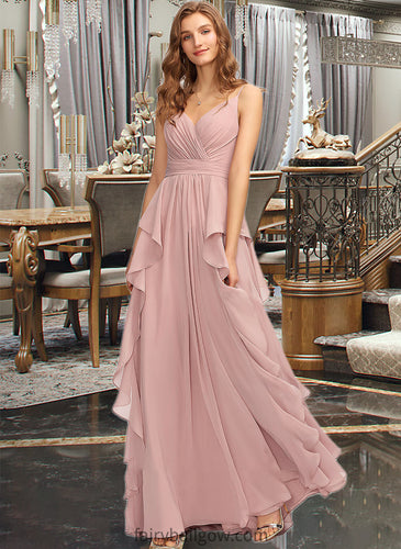 Lizbeth A-Line V-neck Floor-Length Chiffon Bridesmaid Dress With Ruffle Cascading Ruffles XXCP0013161