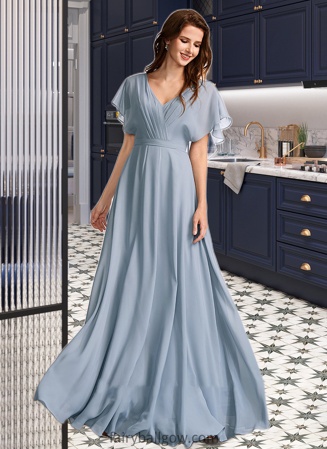 Neveah A-Line V-neck Floor-Length Bridesmaid Dress With Ruffle XXCP0013165