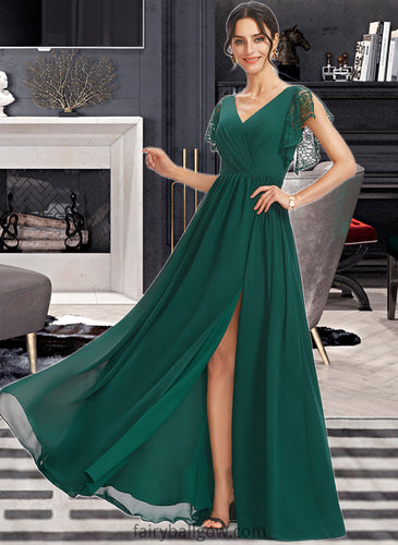 Heidy A-Line V-neck Floor-Length Bridesmaid Dress With Lace Split Front XXCP0013166