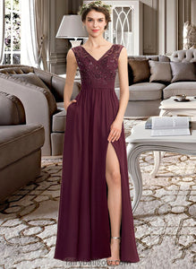 Coral A-Line V-neck Floor-Length Chiffon Lace Bridesmaid Dress With Beading Sequins Split Front Pockets XXCP0013168