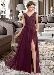 Coral A-Line V-neck Floor-Length Chiffon Lace Bridesmaid Dress With Beading Sequins Split Front Pockets XXCP0013168